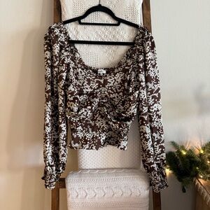 NWOT Heartloom Brown & White Floral Print Smocked Detailed Long Sleeve Blouse
